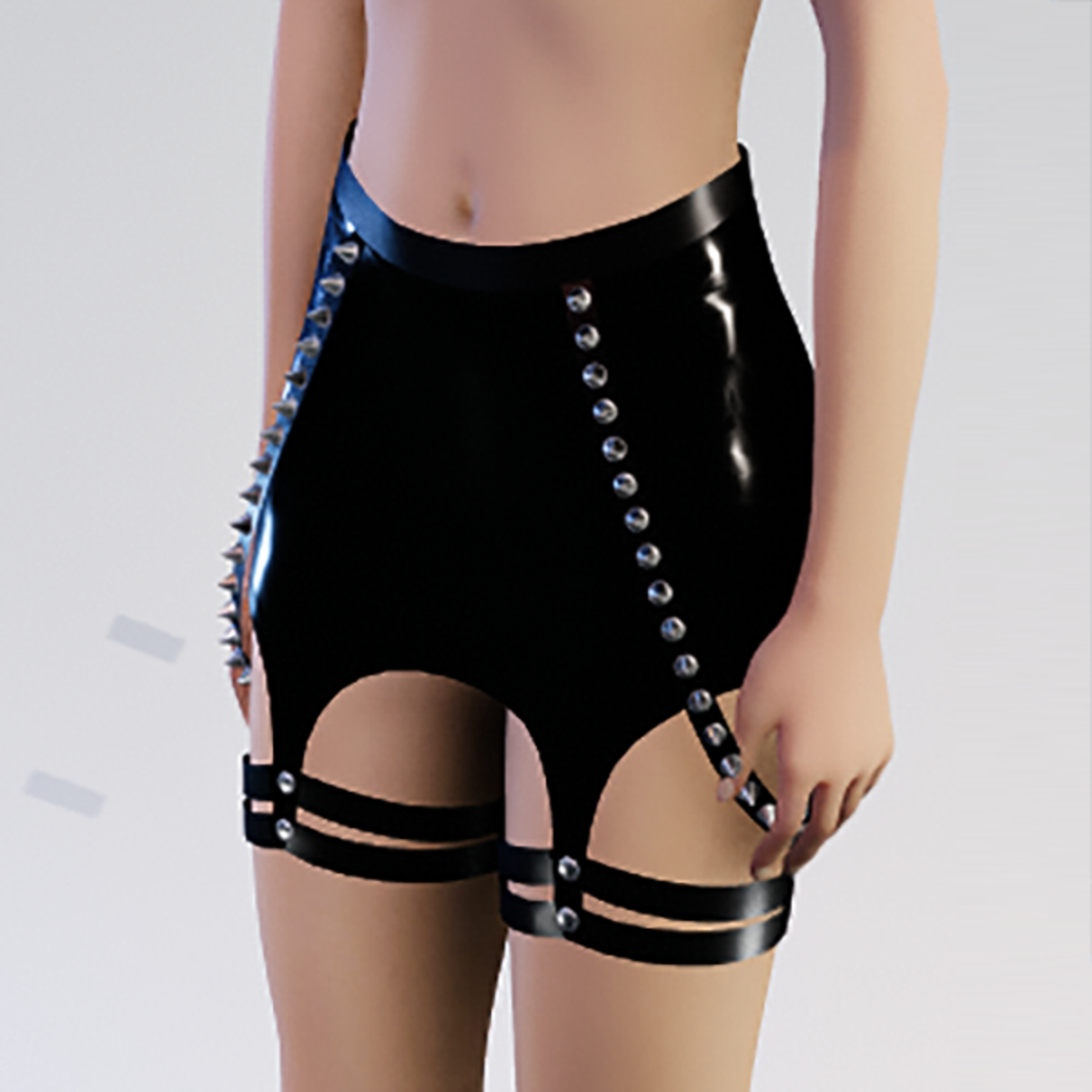 Black latex skirt with garters - silver