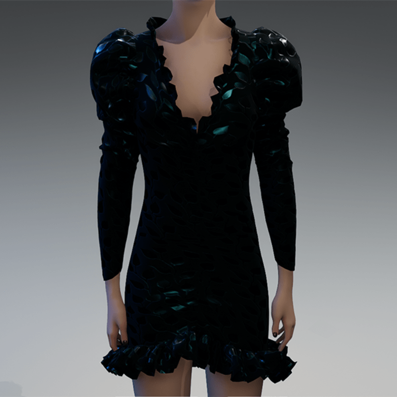 Emerald metallic leaves brocade ruched puff sleeve dress