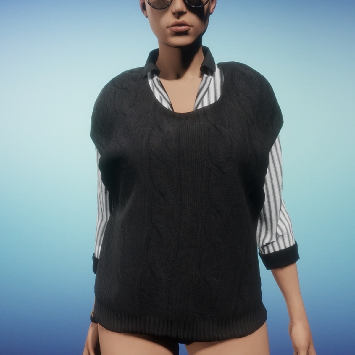 Collared Shirt with Sweater Vest (Stripe-Black)