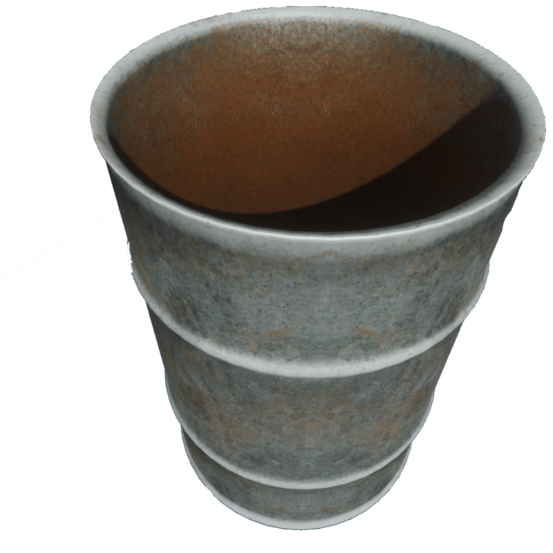 Barrel metal open top with rusty inside.