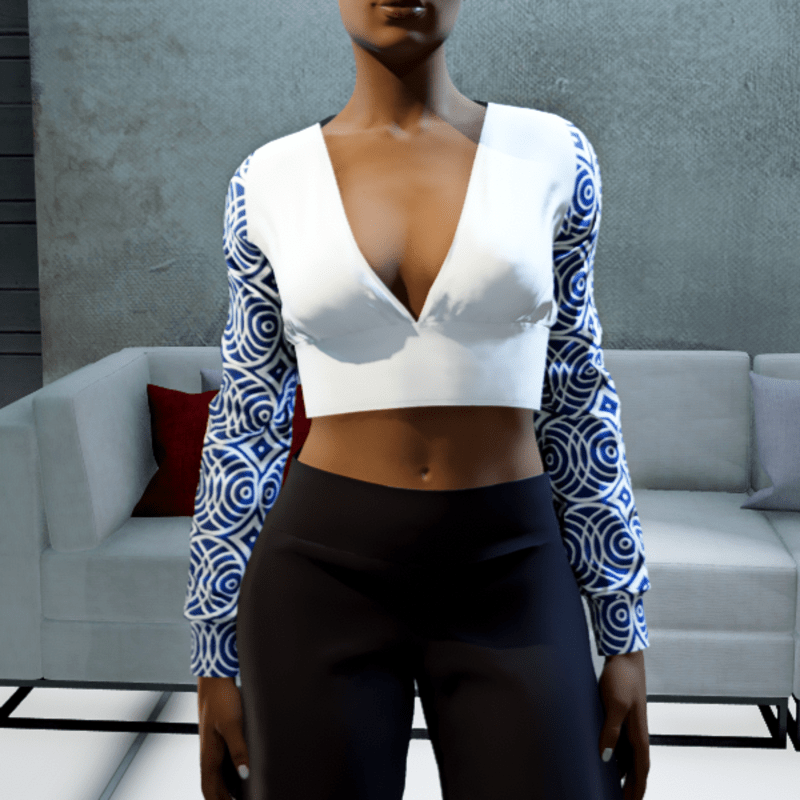 Cropped V-neck Blouse - White and Blue Circles