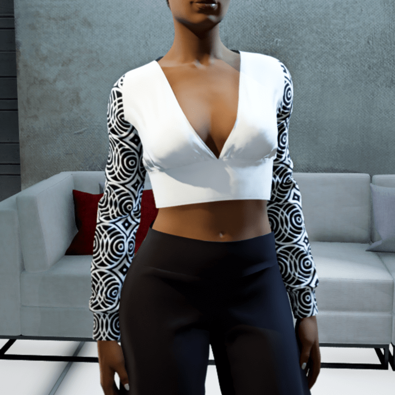 Cropped V-neck Blouse - White and Black Circles