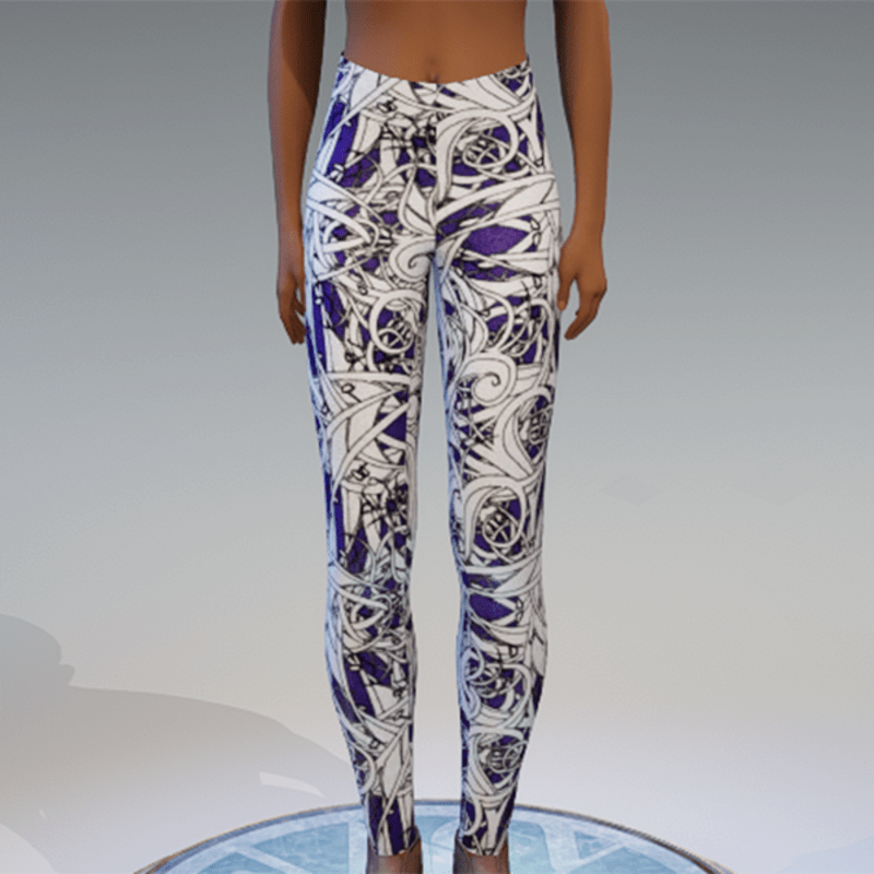 Purple and white swirly graphic line art leggings